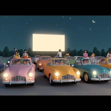 A row of colorful vintage cars parked closely together in a drive-in theater under a starry night sky. Each car has its headlights on, illuminating the scene while some occupants are sitting on the roofs of their cars, enjoying the view. Inside the cars, people are comfortably settled, with some holding snacks and drinks. In the background, there is a massive screen displaying a classic movie, casting a warm glow that reflects off the cars and the faces of the viewers. The atmosphere is lively, with some people laughing and others immersed in the film.
