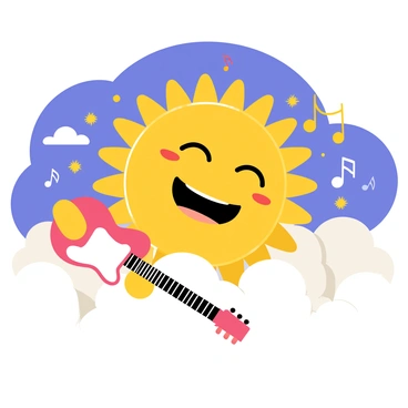 A concert in the sky with clouds as the audience and a sun playing the guitar