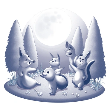 A moonlit garden filled with intricate statues of various playful creatures. The statues depict a mischievous fox, a lively squirrel, and a joyful rabbit, all frozen in dynamic poses that suggest movement and playfulness. Surrounding the statues are meticulously maintained flower beds and soft, lush grass, giving the scene a vibrant yet serene atmosphere. The moonlight casts gentle shadows, highlighting the details in the statues' facial expressions and features. A gentle breeze causes the leaves of nearby trees to rustle softly, enhancing the tranquil ambiance of the garden.