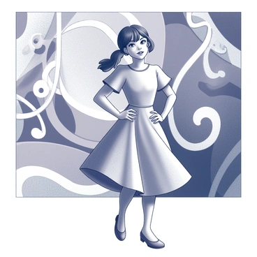 A girl standing confidently in front of a large street art mural. She is wearing an A-line dress that flares gently from the waist, creating a flowing silhouette. The dress has short sleeves and a round neckline. The girl has her hands on her hips, projecting a sense of pride. The street art mural behind her features bold, abstract designs with intricate shapes and patterns. The colors of the mural are vivid and varied, creating a striking contrast to the monochrome figure of the girl.