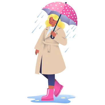 A Barbie doll with blonde hair is standing in the rain, wearing a stylish beige trench coat that drapes elegantly over her figure. She has shiny, pink rain boots that add a vibrant touch to her outfit. In her hand, she is holding a large, colorful umbrella with a polka-dot pattern, which is partially opened to shield her from the rain. Raindrops are falling around her, creating small splashes on the ground, and puddles are forming at her feet, reflecting the vibrant colors of her outfit. The scene conveys a playful, yet fashionable moment in the rain.