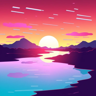 A breathtaking sunset with the sky painted in vibrant shades of orange, red, and yellow. The sun is positioned low on the horizon, casting golden rays across the landscape. Silhouettes of distant mountains are visible against the colorful sky. Wispy clouds catch the light, enhanced by the fiery hues, creating a dramatic atmosphere. In the foreground, a tranquil lake reflects the brilliant colors of the sunset, mirroring the fiery palette above.