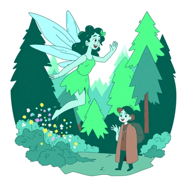 A teal whimsical fairy with delicate wings is waving "Hi!" while hovering in the air, her glowing skin reflecting light from the enchanted forest around her. The forest is filled with tall, vibrant green trees, their leaves shimmering in various shades. In the background, there are clusters of colorful flowers creating a lively scene. A traveler, wearing a brown cloak, stands in awe with a look of surprise on their face. The fairy's hair is adorned with tiny flowers, and soft beams of light filter through the tree branches, enhancing the magical atmosphere of the setting.
