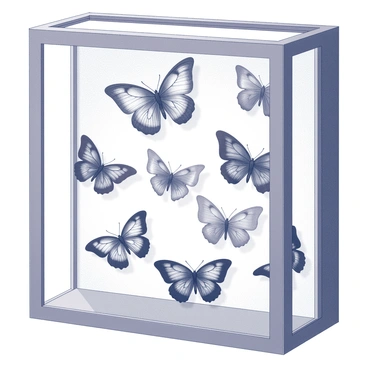 A collection of "papillon butterflies" arranged meticulously within a display case. Each butterfly is mounted with a small pin through the center of its body, showcasing its delicate wings. The display case features a transparent glass front that allows for a clear view of the butterflies. The background inside the case is a soft beige, which highlights the intricate patterns and textures of the wings. Each butterfly is positioned to reveal its unique shape, and the case is framed in a polished wooden border, adding an elegant touch to the overall presentation.