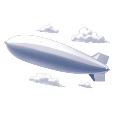 A large zeppelin is floating in the sky. It is an elongated airship with a rounded hull and a streamlined shape. The zeppelin is surrounded by several fluffy clouds, appearing soft and white. The scene depicts a clear sky, with the zeppelin gently drifting among the clouds, suggesting a peaceful atmosphere.