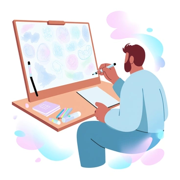 An artist is seated at a wooden drawing board, focused on creating a new Pokémon card. The drawing board is cluttered with various sketches of different sizes, showcasing unique Pokémon designs. Some sketches are in color while others are in pencil. The artist is using colored markers and has an open sketchbook on their lap. Surrounding the artist are art supplies, including a set of colored pencils, erasers, and a small stack of reference images. The atmosphere conveys a sense of creativity and inspiration.