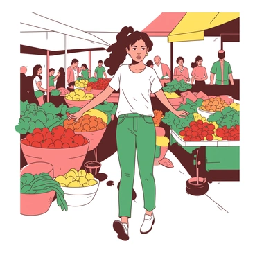Elaine is walking through a vibrant farmer's market, surrounded by an array of fresh produce. She has curly brown hair tied back in a loose ponytail. In front of her, there are stalls overflowing with fruits and vegetables in various shades. There are large baskets filled with red tomatoes, green leafy vegetables, yellow bell peppers, and orange carrots. The market is bustling with people, some also examining the colorful displays. Sunlight is filtering through a canopy of fabric above, casting soft shadows on the scene. Elaine is reaching out to pick a ripe piece of fruit from one of the stalls.