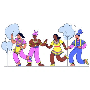 A group of people performing a traditional tribal dance in vibrant costumes