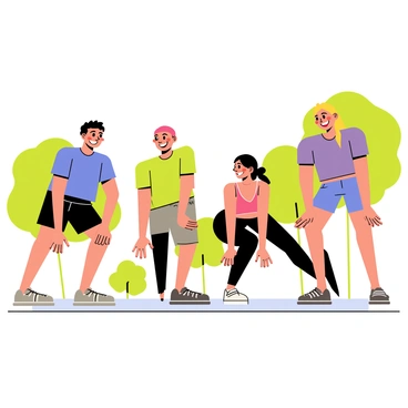 A group of four friends, two males and two females, is outdoors in a park, engaging in a lively squat exercise. The friends are wearing bright colored athletic clothing, with one male in a blue tank top and black shorts, and the other in a green t-shirt and grey shorts. One female is dressed in a pink sports bra and black leggings, while the other wears a purple tank top and blue shorts. They are all smiling and laughing, showing their excitement. In the background, there are green trees and a clear blue sky, enhancing the cheerful atmosphere of their celebration after a successful workout.