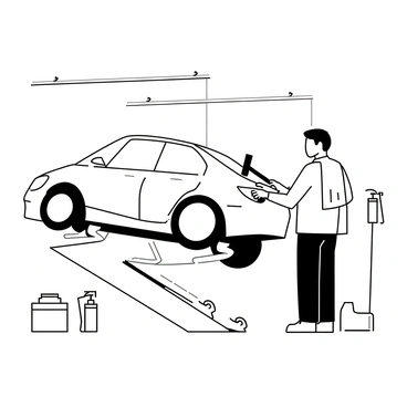 A worker is standing beside a car raised on a hydraulic lift in a body shop. He is wearing protective gloves and has a towel draped over his shoulder. The worker is focused on repairing a dented body panel, using a hammer and a dolly tool to reshape the metal. Various tools and equipment are scattered around the workspace, including a spray gun and a toolbox. Bright overhead lights illuminate the scene, highlighting the worker’s concentration and the detailed process of car repair.