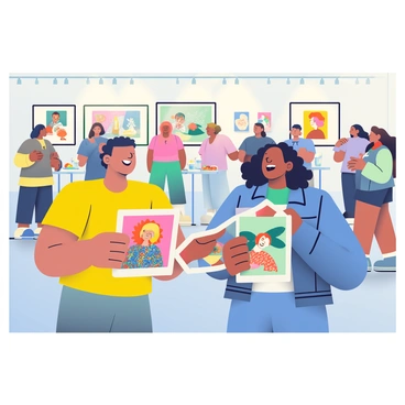 A spacious art gallery is filled with people celebrating the opening of an exhibition. In the foreground, two illustrators are enthusiastically exchanging signed prints. One illustrator has short black hair and is wearing a bright yellow t-shirt, while the other has long curly hair and is dressed in a denim jacket. The prints they are exchanging showcase vibrant illustrations with bold colors and intricate designs. Surrounding them are various artworks displayed on white walls, each framed in sleek black frames. Guests chat and mingle in groups, with glasses of sparkling water and finger foods on small tables nearby. Soft lighting illuminates the space, creating a warm and inviting atmosphere.
