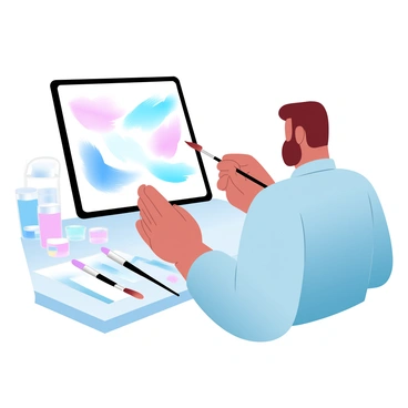 An artist comparing digital brushes on a tablet and traditional brushes