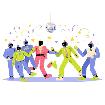 A lively flat-3D robot dance party scene featuring several animated robots with various shapes and sizes. Each robot is brightly colored, including shades of blue, green, and red, moving joyfully to the beat of the music. Colorful lights are flashing in the background, creating a vibrant atmosphere. The robots are engaging in different dance moves, with some spinning while others are waving their arms. A disco ball is hanging above, reflecting the colorful lights onto the dance floor, adding to the festive ambiance of the party.