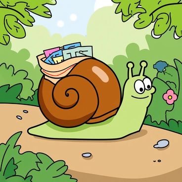 A small, cartoonish snail with a shiny, spiral shell in shades of green and brown. The snail has big, expressive eyes and a cheerful smile. It is sliding along a vibrant, leafy path that is dotted with various shades of green leaves and tiny colorful flowers. On its back, there is a cute, little pouch filled with tiny letters, each one neatly folded and peeking out. The path features a few pebbles and small twigs, enhancing the playful scene. Sunlight filters through the leaves, creating a lively atmosphere.