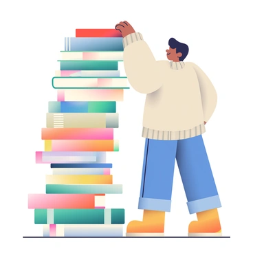 A towering stack of various unread books is positioned in the foreground. The books are of different colors and sizes, with some having visible titles on their spines while others are facing downward. A reader with short, dark hair is standing beside the stack, reaching up to add a bright red book on top of the pile. The reader is wearing a cozy, oversized sweater and jeans, and their expression shows concentration as they carefully balance the new addition. A soft light illuminates the scene, accentuating the textures of the book covers and the reader’s thoughtful demeanor.