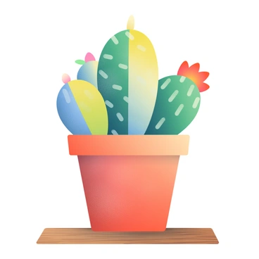 A potted cactus is prominently displayed in the center of the image. The cactus is arranged in distinct sections, with one half colored using illustration markers and the other half featuring colors from alcohol markers. Each section showcases a variety of vibrant shades, highlighting the differences in texture and hue. The pot is terracotta with a smooth surface, and it sits on a wooden table, adding a natural element to the composition. The background is softly blurred to ensure the focus remains on the cactus and its colorful sections.