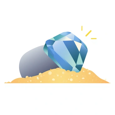 A sparkling jewel with facets reflecting light is lying atop a mound of fine, golden sand. The jewel is a deep blue color, catching the sunlight vividly. Beneath the jewel, a dull gray rock is partially obscured, its rough texture contrasting with the smooth surface of the jewel. Small grains of sand glisten around the base of the jewel, enhancing its prominence in the composition. The scene is illuminated by soft light, highlighting the intricate details of the jewel and the texture of the sand.
