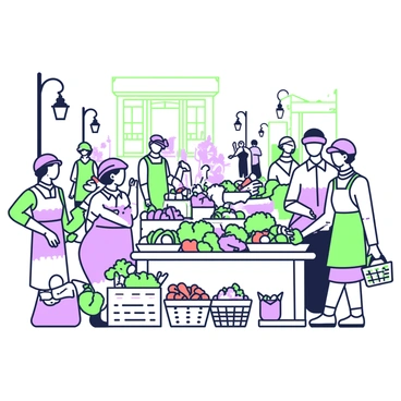 A bustling street market set in the 1920s, filled with vendors and shoppers. At the forefront, a vendor with an apron is energetically arranging fresh produce on a wooden stall. He is surrounded by baskets filled with various fruits and vegetables, including carrots, apples, and lettuce. Nearby, a woman in a cloche hat inspects the produce while holding a wicker basket. In the background, other stalls display colorful items, and there are shoppers engaged in conversations. The atmosphere is lively with people wearing period-appropriate clothing, and old-fashioned street lamps line the sides of the market. A vintage shopfront can be seen in the background, contributing to the historical ambiance.