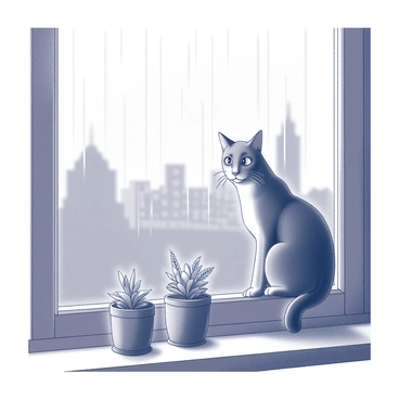 A cat with a sleek fur coat is perched on a windowsill. The cat's eyes are wide and focused, watching the raindrops as they trickle down the glass. The windowsill is decorated with small potted plants, adding a touch of life to the scene. Outside the window, blurred outlines of trees and buildings can be seen through the rain-streaked glass. The atmosphere conveys a sense of calm as the raindrops create a gentle rhythm against the window.