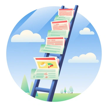 A tall ladder constructed from stacked report cards extends upward toward a bright blue sky filled with fluffy white clouds. The report cards are various colors, including red, green, and yellow, each displaying different grades and comments. The ladder's rungs are securely fastened, and sunbeams filter through the clouds, illuminating the ladder's surface. In the background, the horizon is visible with distant trees and a hint of green grass below, creating a sense of depth and perspective.