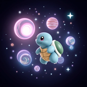 A Squirtle with a light blue shell is floating gracefully in space, surrounded by vibrant, swirling nebulas that display hues of pink, purple, and blue. Numerous distant planets, featuring varied textures and colors, are visible in the background. The Squirtle is looking curiously at the nearby celestial formations, with its big eyes reflecting the bright starlight surrounding it. Bright stars twinkle in the dark expanse of space, adding depth to the scene.