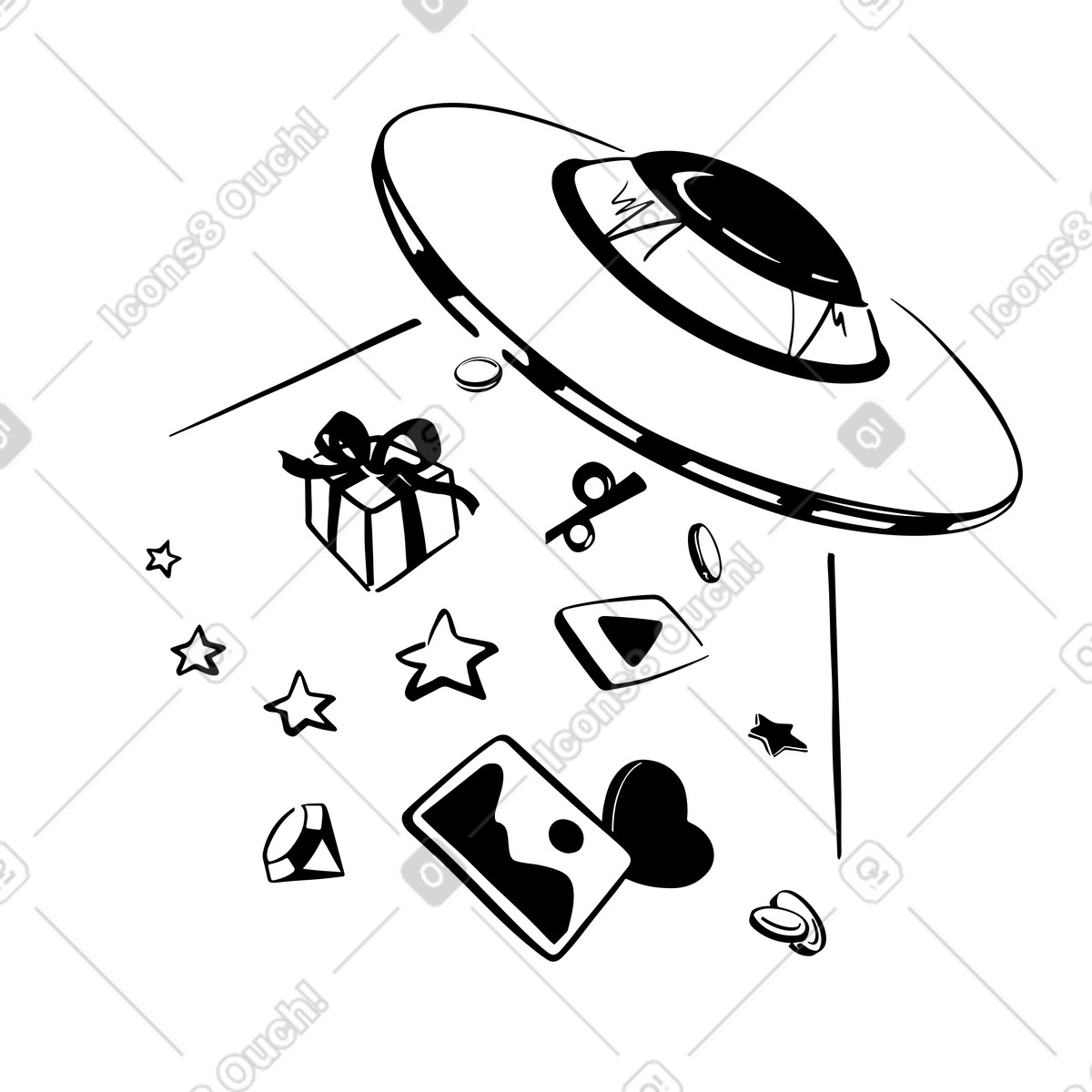 Ufo-drops mit rabatten und boni, sonderangeboten oder treueprogrammen-Illustration im Line-Stil als Download in PNG, SVG
