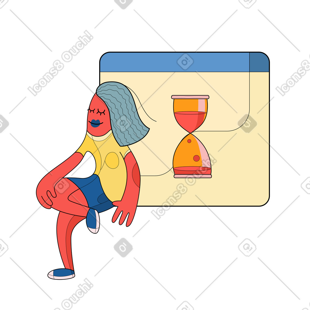 Waiting state and calm pause, relaxed character beside hourglass illustration in Surr style download in PNG, SVG