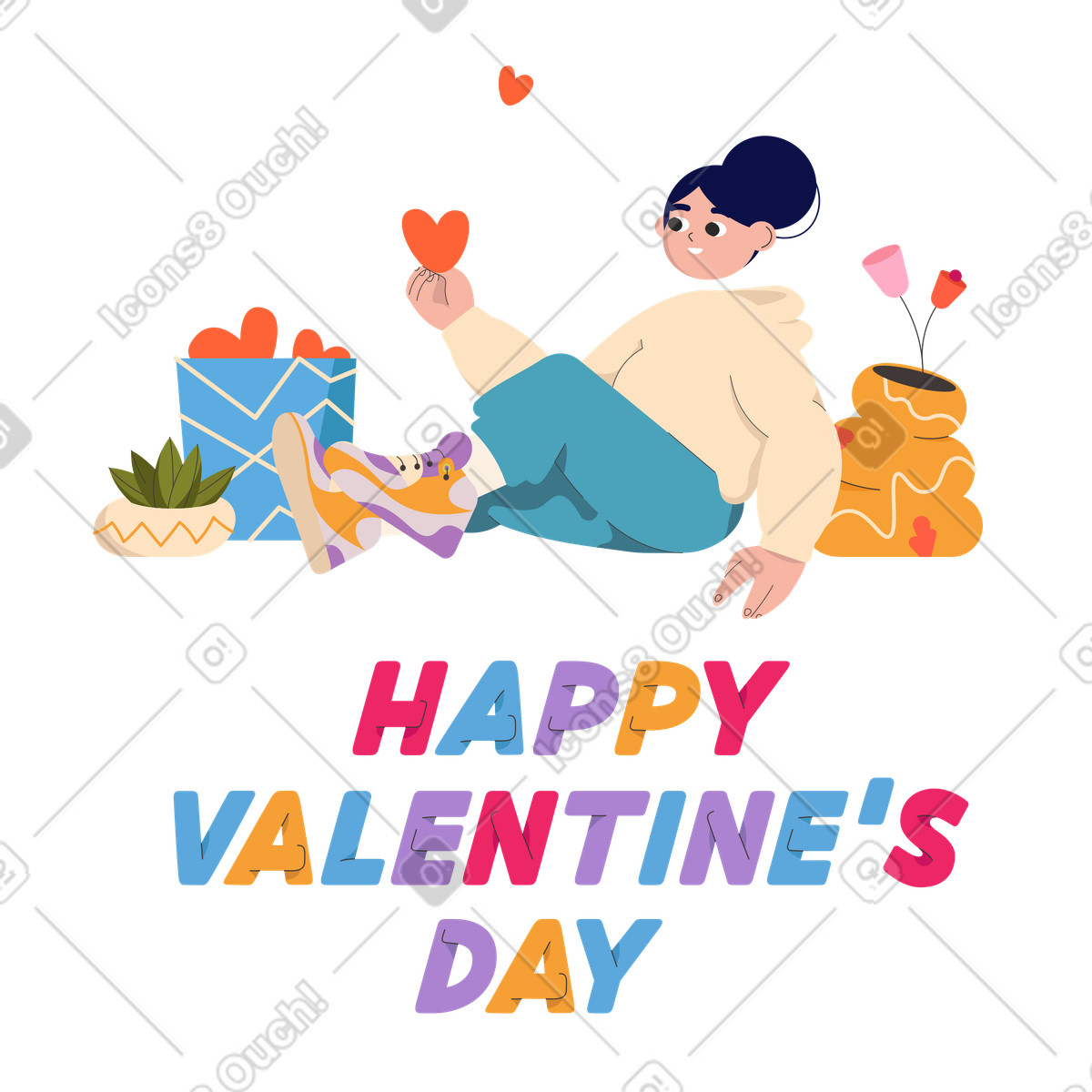 Happy Valentine's Day text under the girl opening a gift with hearts illustration in Dizzy style download in PNG, SVG