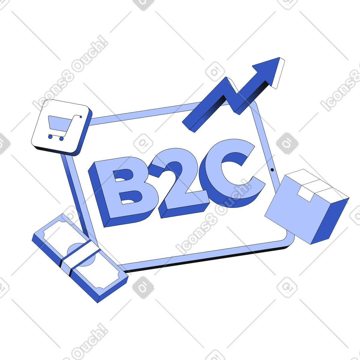 下载 Techny 风格的 用购物框、图形和购物车文本在 b2c 上写字 插画，支持 PNG、SVG 格式