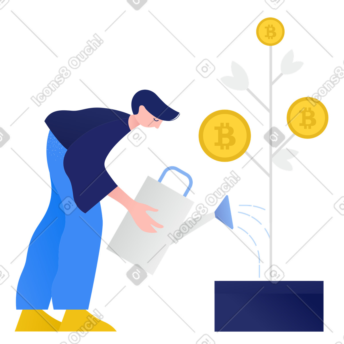 Man watering his bitcoin tree illustration in Clip style download in PNG, SVG