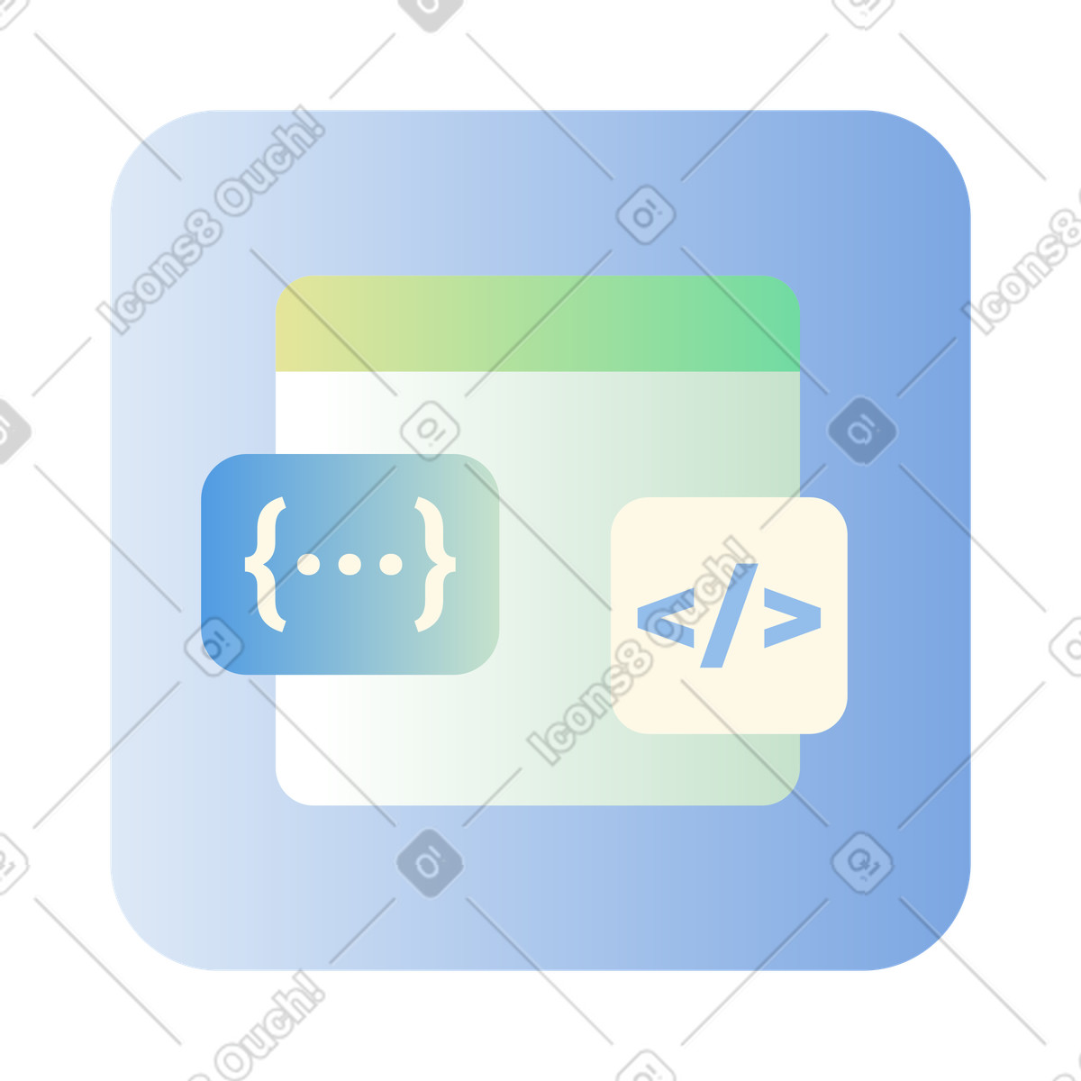 Browser window with code icons illustration in PNG, SVG