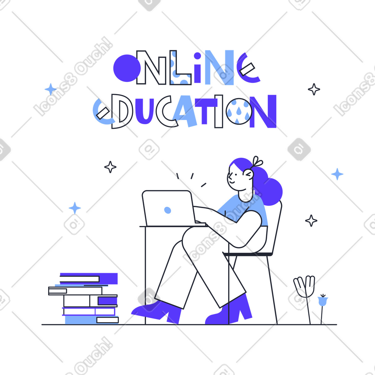 Online education text over the girl with laptop and books illustration in Pablita style download in PNG, SVG