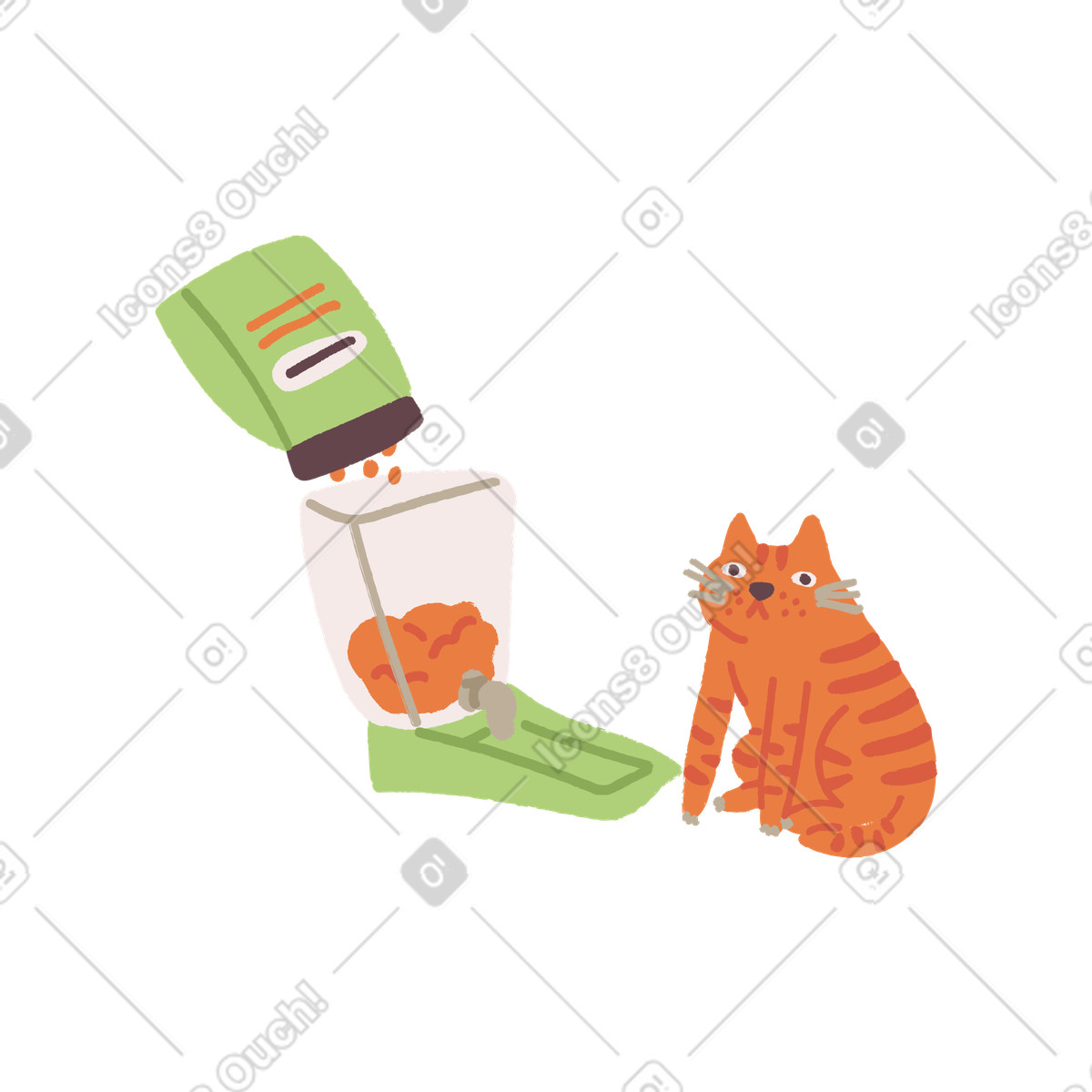 Orange cat sitting next to an automatic feeder illustration in Ginger style download in PNG, SVG