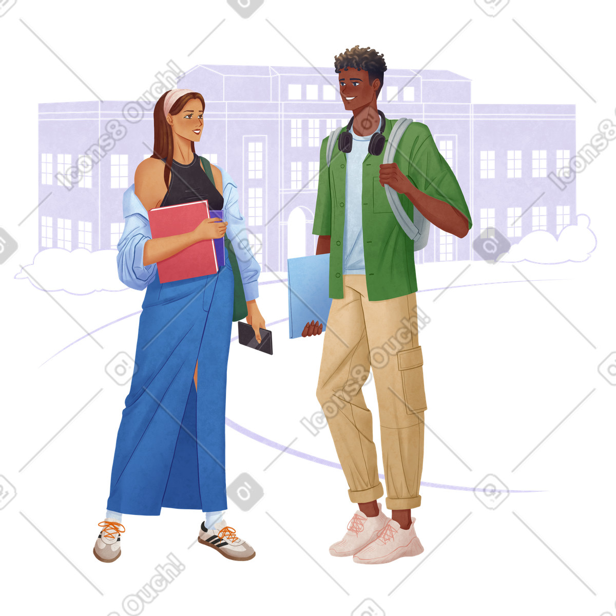 Students talking in front of university illustrazione stile Lifestyle scarica PNG, SVG