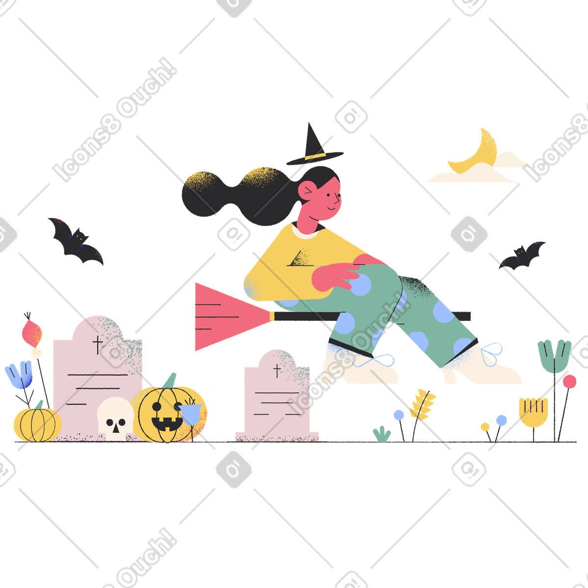 Illustration Sorcière au cimetière dans le style Pablo à télécharger aux formats PNG, SVG
