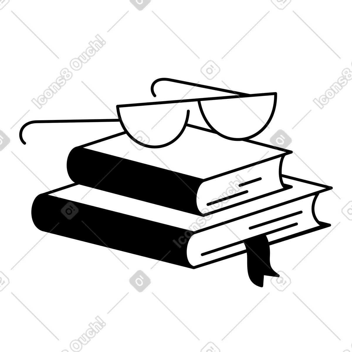 Notion Line Art スタイルの Books stack with reading glasses and bookmark for study time のイラストをPNG、SVG形式でダウンロード