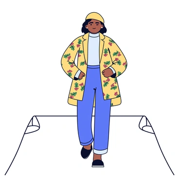 A model strutting down a runway with confidence. The model is wearing a winter-themed outfit that includes a warm, oversized coat adorned with a pattern of holly leaves and red berries. Underneath, the outfit features a fitted turtleneck and stylish tapered pants. The runway is illuminated with bright lights, highlighting the model's fashionable ensemble. The background is simple and minimalistic, focusing attention on the model and her striking outfit.