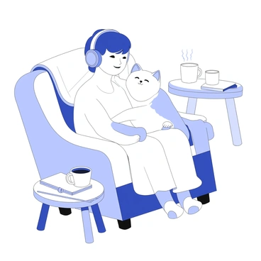 A cat is snuggled next to a person wearing headphones. The person is sitting comfortably in a chair with their eyes closed, showing a relaxed expression. The cat has its eyes half-closed, resting contently against the person's arm. The scene captures a cozy atmosphere, with soft blankets draped over the chair and a blanket partially covering the cat. There is a small table nearby holding a steaming mug and an open book, adding to the sense of tranquility in the setting.