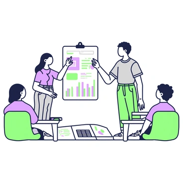 A diverse group of four individuals is standing in front of a classroom while presenting their project. The first person is a woman with long black hair, wearing a blue shirt and denim jeans, holding a poster board that displays colorful graphs. Next to her is a man with short brown hair, dressed in a gray t-shirt, who is pointing to a large infographic projected on the wall behind them. On the floor in front of the group, there are several visual aids, including a model and additional sheets of paper with charts. The classmates seated at their desks are attentively watching the presentation and taking notes.