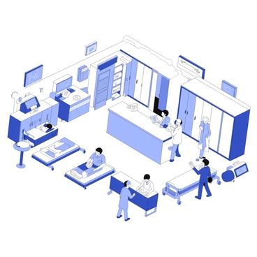 A busy emergency room filled with activity. Doctors are examining patients with medical equipment and charts in hand. Nurses are attending to various patients, some administering medications while others assist in moving individuals on stretchers. There are several medical beds with patients resting, surrounded by monitors displaying vital signs. The walls are lined with cabinets holding medical supplies and equipment. A large central desk is occupied by staff coordinating care and responding to calls. The room is brightly lit, creating a sense of urgency in the environment.