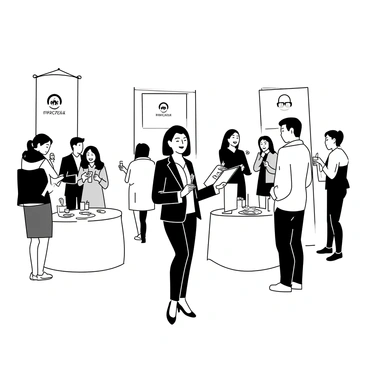 An event planner is standing at the center of a bustling product launch party. She is wearing a smart blazer and holding a clipboard, with a focused expression as she coordinates the event. Surrounding her are several large banners displaying the product logo, positioned strategically around the venue. Various displays showcasing the product are set up on tables, adorned with elegant decorations. Guests are mingling in small groups, engaging in conversation while holding drinks and appetizers. The atmosphere is lively, with a few guests laughing and others examining the displays curiously.