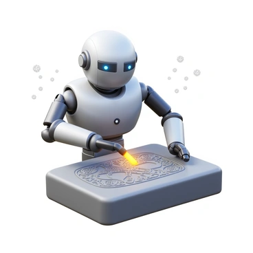 A robot with a sleek metallic body is actively carving an illustration into a block of stone. The robot has articulated arms equipped with precision tools, and sparks fly from the cutting edge as it works. The illustration being carved displays intricate details, showcasing a blend of organic and geometric patterns. Dust particles float in the air around the workspace, highlighting the focused environment. The robot's sensors glow softly, indicating it is adjusting its movements for accuracy. The scene is well-lit, enhancing the textures of both the robot and the stone being sculpted.