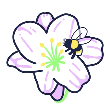A close-up view of a white lily, featuring smooth petals with delicate texture and a prominent yellow stamen at the center. The bumblebee, with its fuzzy black and yellow body, is seen hovering just above the flower, drawn in by its scent. The bee's wings are semi-transparent, catching the light as they are in motion. The background is softly blurred, emphasizing the details of the lily and the bumblebee's interaction with it.