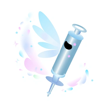 A syringe with a metallic finish is gradually transforming into a whimsical fairy. The fairy has delicate, iridescent wings that shimmer with gradient pastel colors. The body of the fairy retains some features of the syringe, with a smooth, elongated form, but it is now adorned with colorful flower patterns. Surrounding the fairy, there are small sparkles and glimmering stars that enhance the magical atmosphere. A gentle flow of vibrant colors cascades from the syringe, blending seamlessly into the fairy's attire.