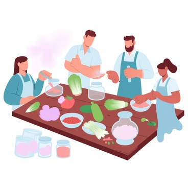 A family is gathered around a wooden table, engaged in the process of making homemade kimchi. The table is covered with an array of fresh ingredients, including vibrant napa cabbage, bright red chili powder, and various vegetables. The family members are wearing aprons and are actively mixing the ingredients in bowls. One person is slicing vegetables, while another is adding the chili powder. Jars for storing the kimchi are arranged nearby, ready to be filled. Soft, warm light filters into the scene, highlighting the colors of the ingredients and creating a cozy atmosphere.