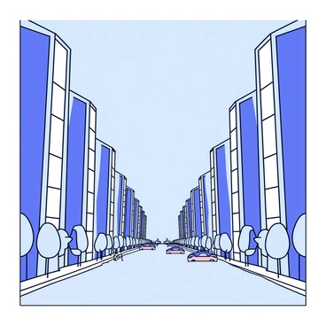 A futuristic cityscape featuring tall skyscrapers with sleek, shiny surfaces that reflect sunlight. The buildings are perfectly aligned, creating a uniform row that stretches into the distance. The streets below are wide and symmetrical, lined with minimalist trees and modern streetlamps. Pedestrians walk along the sidewalks, and a few hover cars can be seen gliding above the streets. The sky is a clear blue, creating a contrast with the metallic hues of the skyscrapers.