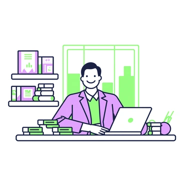 A CEO sitting at a desk with stacks of money and a smug expression