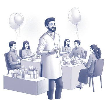 A father-to-be stands confidently at the front of a decorated room, addressing a gathering of family and friends. He holds a glass of sparkling beverage in one hand, raised slightly as he prepares to give a toast. The table in front of him is adorned with a variety of gifts and colorful decorations, including baby-themed items. In the background, there are smiling guests seated at tables, all listening attentively. The father has a joyful expression, highlighting his excitement for the upcoming arrival of his child. He is dressed in traditional attire, which includes a kurta, and there are festive balloons and banners framing the scene.
