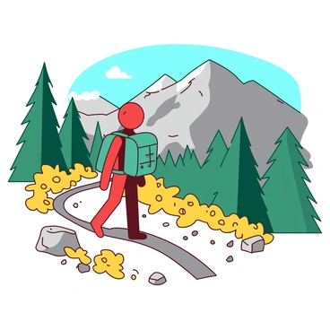A red stickman is hiking along a winding mountain trail. The stickman carries a small teal backpack, which is snugly fitted against his back. Surrounding the trail are tall green pine trees and scattered rocks, adding to the rugged landscape. The trail itself is lined with patches of vibrant yellow wildflowers, bringing color to the scene. In the background, there are towering gray mountains with a clear blue sky above. The stickman is in a walking pose, with one leg raised, suggesting movement along the trail.