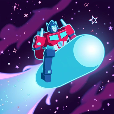 Optimus Prime, a large robotic figure with a predominantly blue and red color scheme, is riding a bright, glowing comet. The comet has a shimmering tail of sparkling particles extending behind it. Surrounding them is a vibrant galaxy filled with a multitude of stars of different sizes, glowing in hues of purple, pink, and blue. Swirling nebulae in the background add a mix of colors, creating a sense of depth and motion. Optimus Prime's eyes glow as he navigates through the cosmic landscape, emphasizing his determined expression.
